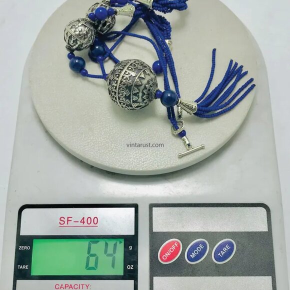 Blue Beaded Pendant Necklace with Silver Tribal Charms and Tassels - Picture 9 of 14